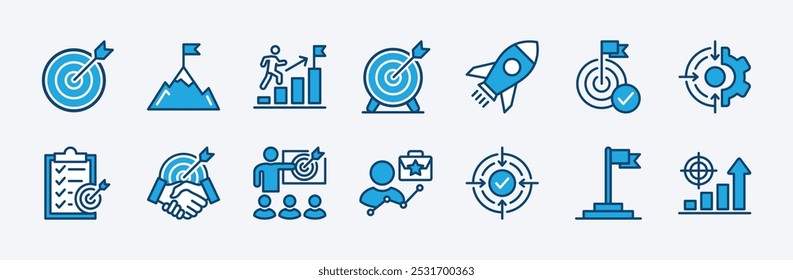 Ícone de destino da missão comercial. Contendo objetivo, seta, pico de montanha, objetivo, realização, dartboard, foguete, startup, checklist, trabalho em equipe, preciso, estratégia, objetivo, desenvolvimento, sucesso