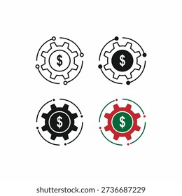 Set of business model icons featuring gears and dollar signs, representing financial systems, money management, and industrial economy in vector format