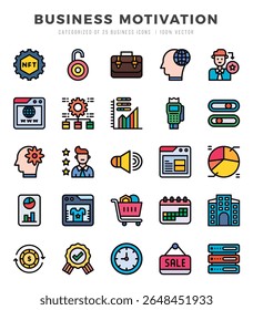 Conjunto de Ícones de Motivação de Negócios. Pacote de ícones de estilo de arte de cores simples.