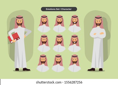 Set of business muslim man facial different expressions. muslim man emoji character. Vector illustration.