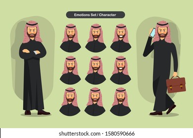 Set of business muslim man facial different expressions. muslim man emoji character. Vector illustration.