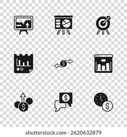 Set Business negotiations, Browser with stocks market, Time is money, Money exchange, Target financial goal, Monitor graph chart, Board and Document icon. Vector