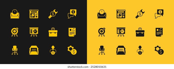 Set Business negotiations, Envelope, Briefcase, investor, Board with graph, Repair price,  and Online shopping screen icon. Vector