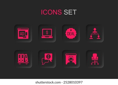 Set Business negotiations, Laptop with dollar, Advertising, Telephone 24 hours support, Employee hierarchy, Office chair, Deal and folders icon. Vector