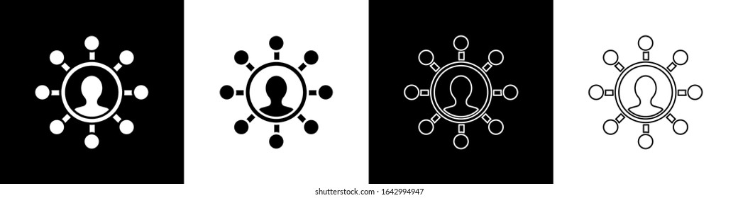 Establezca la red empresarial y el icono de comunicación aislados en el fondo blanco y negro. Fuerte marketing en red, influencia y liderazgo.  Ilustración vectorial