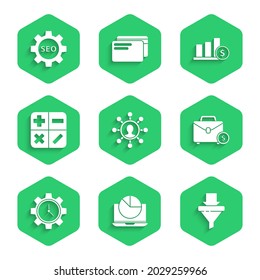 Set Business network and communication, Laptop with graph chart, Sales funnel arrows, Briefcase money, Time Management, Calculator, Pie infographic dollar and Seo tag gear wheel icon. Vector