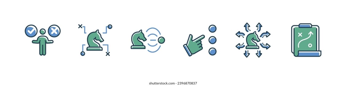 Paket von Business-Ziel-Aktionsplanung Erfolgsentscheidung Symbol Vektormanagement Leitung Marketing-Mission Strategie Teamwork Option Auswahlsymbol Illustration