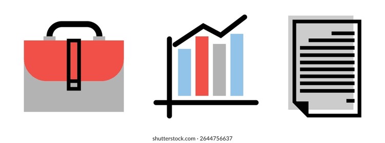 Set of Business objects icons: business bag, business performance chart and contract, on transparent background, flat line design, vector illustration