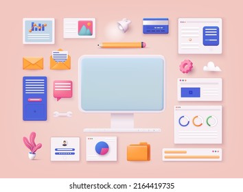 Set of business objects. Open pages, landing page template, folder, mail, statistics. 3D Web Vector Illustrations.