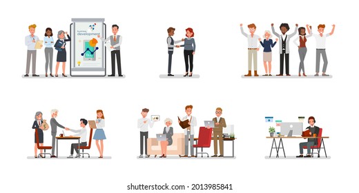 Set of Business office connection working concept. Businessmen and businesswomen character vector design. Presentation in various action with emotions, running, standing and walking. 