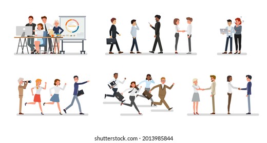 Set of Business office connection working concept. Businessmen and businesswomen character vector design. Presentation in various action with emotions, running, standing and walking. 