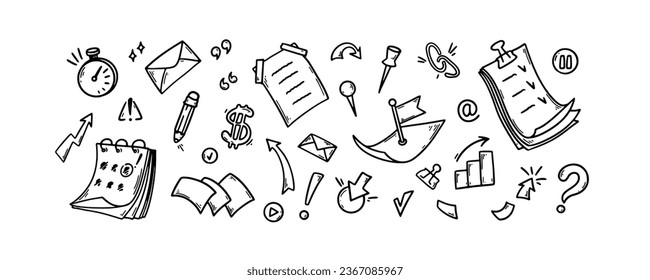 Set of business office doodle elements. Hand drawn stationary, arrow, flying paper pile, pin, calendar. Vector illustration in sketch style