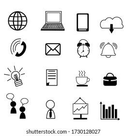 Set of business and office icons.Symbols of the web, computers, phone, alarm clock, workspace, company and graph.