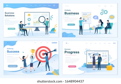 Set of business and office scenarios with businessmen and women doing a presentation, lecturing or training, achieving a target and closing a deal or agreement, vector illustration