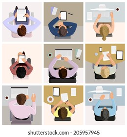 Set of business office worker people on job at the table with laptop computer coffee icons vector illustration