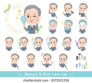 A set of business old man on beauty.There are various actions such as skin care and makeup.It's vector art so easy to edit.
