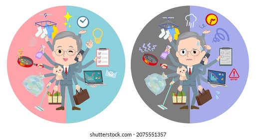 A set of business old man who perform multitasking in offices and private.It's vector art so easy to edit.