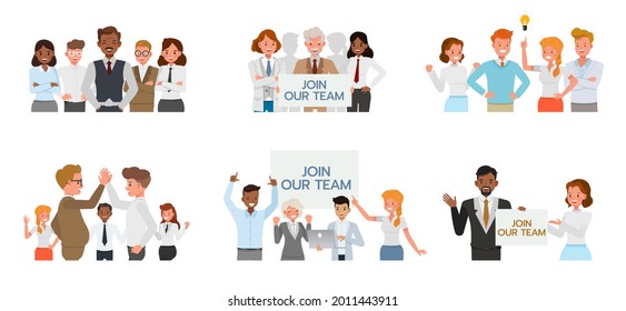 Set of Business our team concept. Businessmen and businesswomen character vector design. Presentation in various action with emotions, running, standing and walking. 