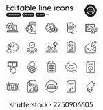 Set of Business outline icons. Contains icons as Smartphone broken, Mattress and Arena stadium elements. Working hours, Usd coins, Thumb down web signs. Payment click, Passport. Vector