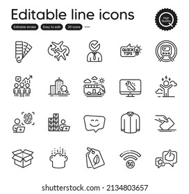 Set of Business outline icons. Contains icons as Vacancy, Palette and Bio tags elements. Like, Shirt, Voting ballot web signs. Bus travel, Difficult stress, Monitor repair elements. Vector