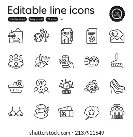 Set of Business outline icons. Contains icons as Pillow, Bra and Paint roller elements. Windmill turbine, Fast food, Shoes web signs. Vip clients, Euro money, Boarding pass elements. Vector