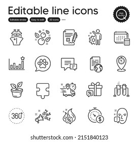 Set of Business outline icons. Contains icons as Pets care, Sale gift and Timer elements. Express delivery, Ship, Leaves web signs. Chemistry beaker, Hot offer, Internet document elements. Vector