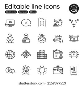 Set of Business outline icons. Contains icons as Genders, Refrigerator and Payment elements. Build, Canister oil, Security lock web signs. Seo adblock, Tool case, Reject elements. Vector