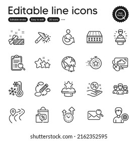 Set of Business outline icons. Contains icons as Hammer blow, Internet notification and Present elements. Flexible mattress, Road, Winner podium web signs. Sale bags, Time management. Vector