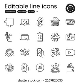 Set of Business outline icons. Contains icons as Update data, Video camera and Communication elements. Inclusion, Wallet money, Checklist web signs. Identification card, Coal trolley. Vector