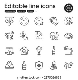 Set Of Business Outline Icons. Contains Icons As Ice Cream, Myopia And Time Management Elements. Card, Brush, Clapping Hands Web Signs. Inspect, Online Warning, Pin Elements. Vector
