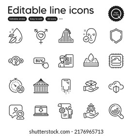 Set of Business outline icons. Contains icons as Inclusion, Smartphone recovery and Settings blueprint elements. Seo analysis, Water drop, Carousels web signs. Buy button, Genders. Vector