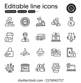 Set of Business outline icons. Contains icons as Vip chip, Security agency and Money bag elements. Slow fashion, Start business, Takeaway coffee web signs. Market sale, Fireworks stars. Vector