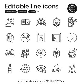 Set of Business outline icons. Contains icons as Lgbt, Checkbox and Winner cup elements. Wine bottle, Augmented reality, Money app web signs. Coins, Sleep, Love night elements. Open door. Vector