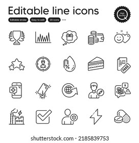 Set Of Business Outline Icons. Contains Icons As Headhunting, Cake And Medical Phone Elements. Fake News, Line Graph, Stars Web Signs. No Alcohol, Electricity Factory, Edit Person Elements. Vector