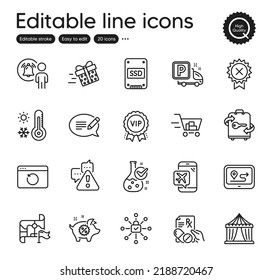 Set of Business outline icons. Contains icons as Warning, Message and Flight mode elements. User notification, Prescription drugs, Destination flag web signs. Luggage, Circus tent. Vector