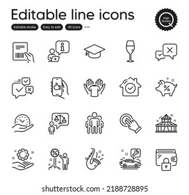 Set of Business outline icons. Contains icons as Discount, Online voting and Interview elements. Employee hand, Like app, Circus web signs. Jazz, Graduation cap, Touchscreen gesture elements. Vector