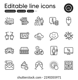 Set of Business outline icons. Contains icons as Mattress, Cloud sync and Click hand elements. Scroll down, Photo location, Info web signs. Sun cream, Love letter, Cashback card elements. Vector