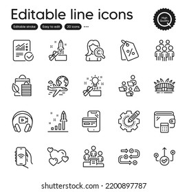 Set of Business outline icons. Contains icons as Correct way, Innovation and Internet app elements. Group people, Checked calculation, Business podium web signs. Heart, Bio shopping. Vector