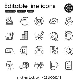 Set of Business outline icons. Contains icons as Fake news, Teapot and Tea elements. Favorite app, Bike delivery, Search book web signs. Search, Global business, Skyscraper buildings elements. Vector