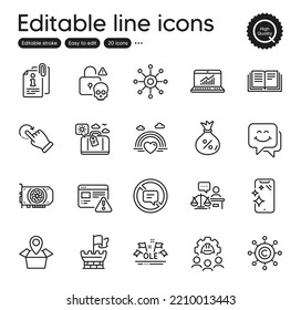 Set of Business outline icons. Contains icons as Rotation gesture, Loan and Smartphone clean elements. Multichannel, Cyber attack, Copywriting network web signs. Attached info. Vector