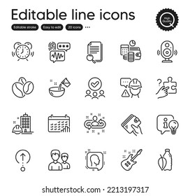 Set of Business outline icons. Contains icons as Budget accounting, Speaker and Construction building elements. Wallet, Search puzzle, Couple web signs. Electric guitar, Builder warning. Vector