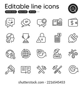 Set of Business outline icons. Contains icons as Technical info, Dollar wallet and Electric plug elements. Employees messenger, Insomnia, Globe web signs. Spanner tool, Text message. Vector