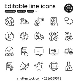 Set of Business outline icons. Contains icons as Rating stars, Coupons and Truck parking elements. Money currency, Chemistry lab, Leaf web signs. Pound money, Globe, Wallet elements. Vector