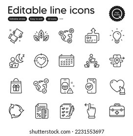Set of Business outline icons. Contains icons as Teamwork, Credit card and Heart target elements. Organic tested, Volunteer, Video conference web signs. Approved phone, Card. Vector