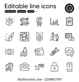 Set of Business outline icons. Contains icons as Gift, Vip shopping and Escalator elements. Card, Approved mail, Metro map web signs. E-mail, Swipe up, Shoulder strap elements. Vector
