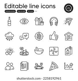 Set of Business outline icons. Contains icons as Business vision, Parking and Seo analysis elements. Parking security, Users, Approve web signs. Cv documents, Food delivery. Vector