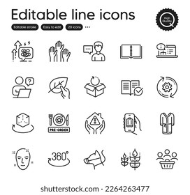 Set of Business outline icons. Contains icons as Stress grows, Health skin and Online question elements. Online documentation, Gluten free, Baggage app web signs. Return package. Vector