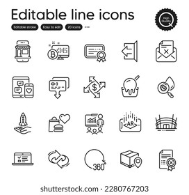 Set of Business outline icons. Contains icons as Sign out, Parcel tracking and Crowdfunding elements. Payment exchange, Augmented reality, 360 degrees web signs. Presentation. Vector