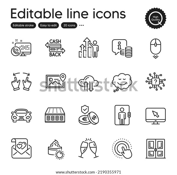 Set of Business outline icons. Contains icons as\
Mattress, Cloud sync and Click hand elements. Scroll down, Photo\
location, Info web signs. Sun cream, Love letter, Cashback card\
elements. Vector