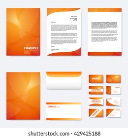 Set of business paper template with abstract curve line pattern on summer orange background (vector)